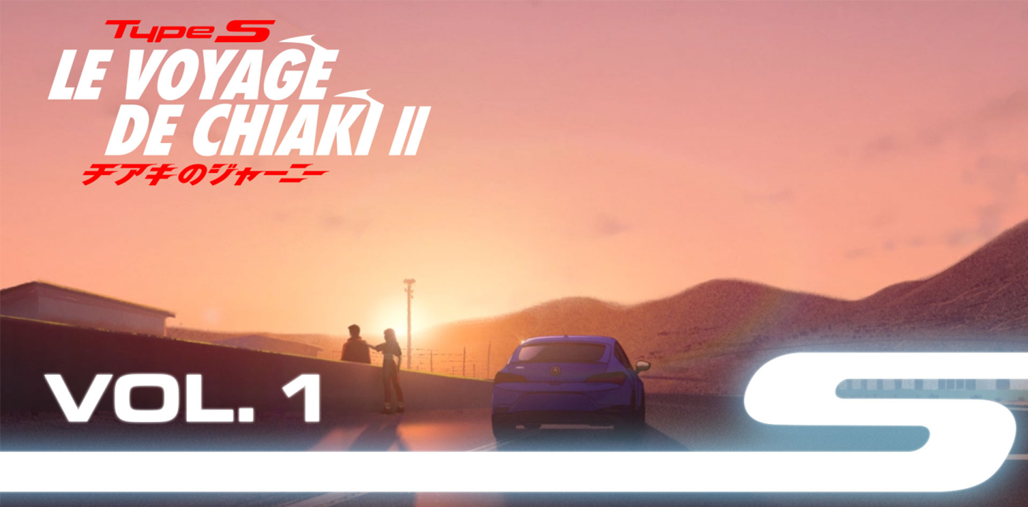 Vue arrière extrême, image style animé d'une TLX Type S bleue stationnée sur un circuit au coucher du soleil devant la silhouette d'une chaîne de collines. À côté, la silhouette de Chiaki et de l'oncle Noboru.