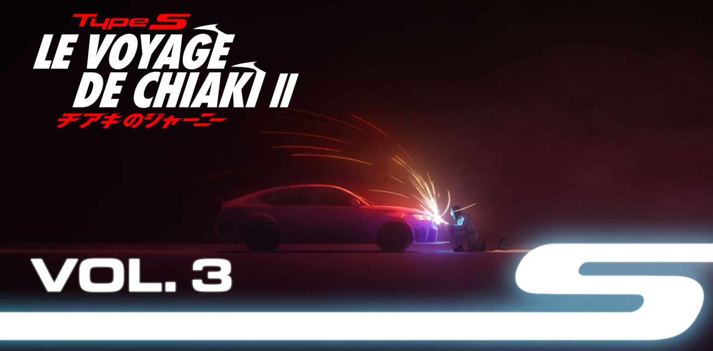 Vue latérale extrêmement large, image style animé d'un personnage soudant l'avant d'une Type S. Des étincelles jaillissent de partout.