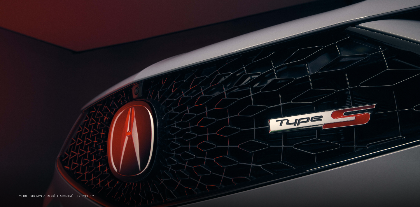 Gros plan de l’emblème Type S sur la calandre d’une TLX Type S grise.